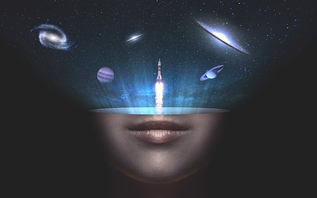 Collage showing a face with planets and a rocket ship